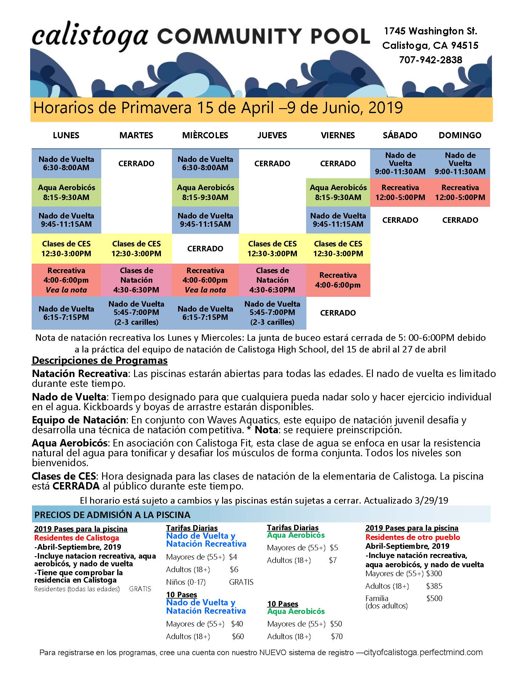 2019 Spring Pool Schedule - Horario de la Piscina de Primavera 2019 | News  | City of Calistoga