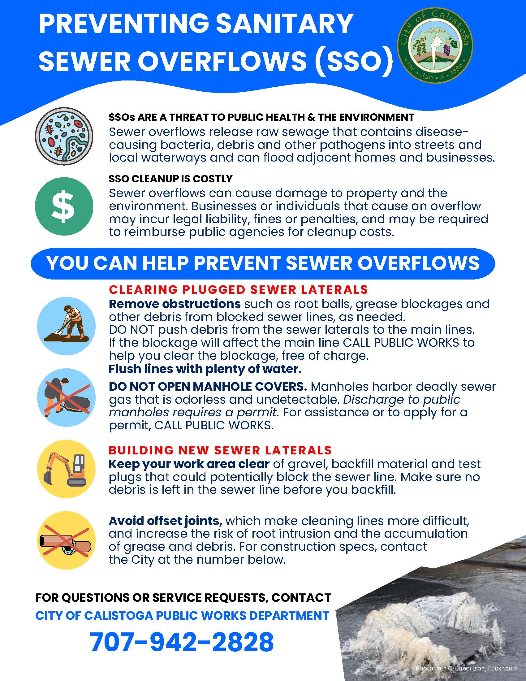 A flyer that explains the risks of sewer overflows and how to prevent them. (English version)